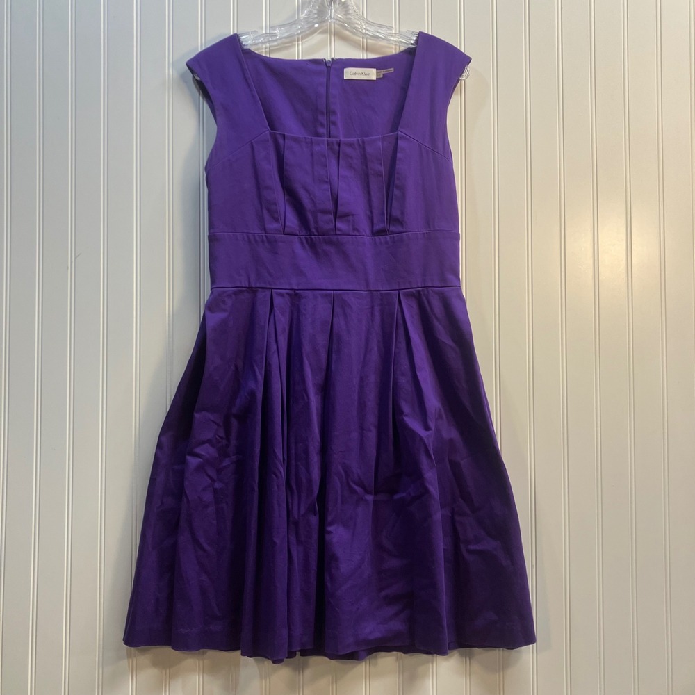 Calvin Klein Womens Purple Pleated Fit & Flare Cotton Dress Size 10 Sleeveless